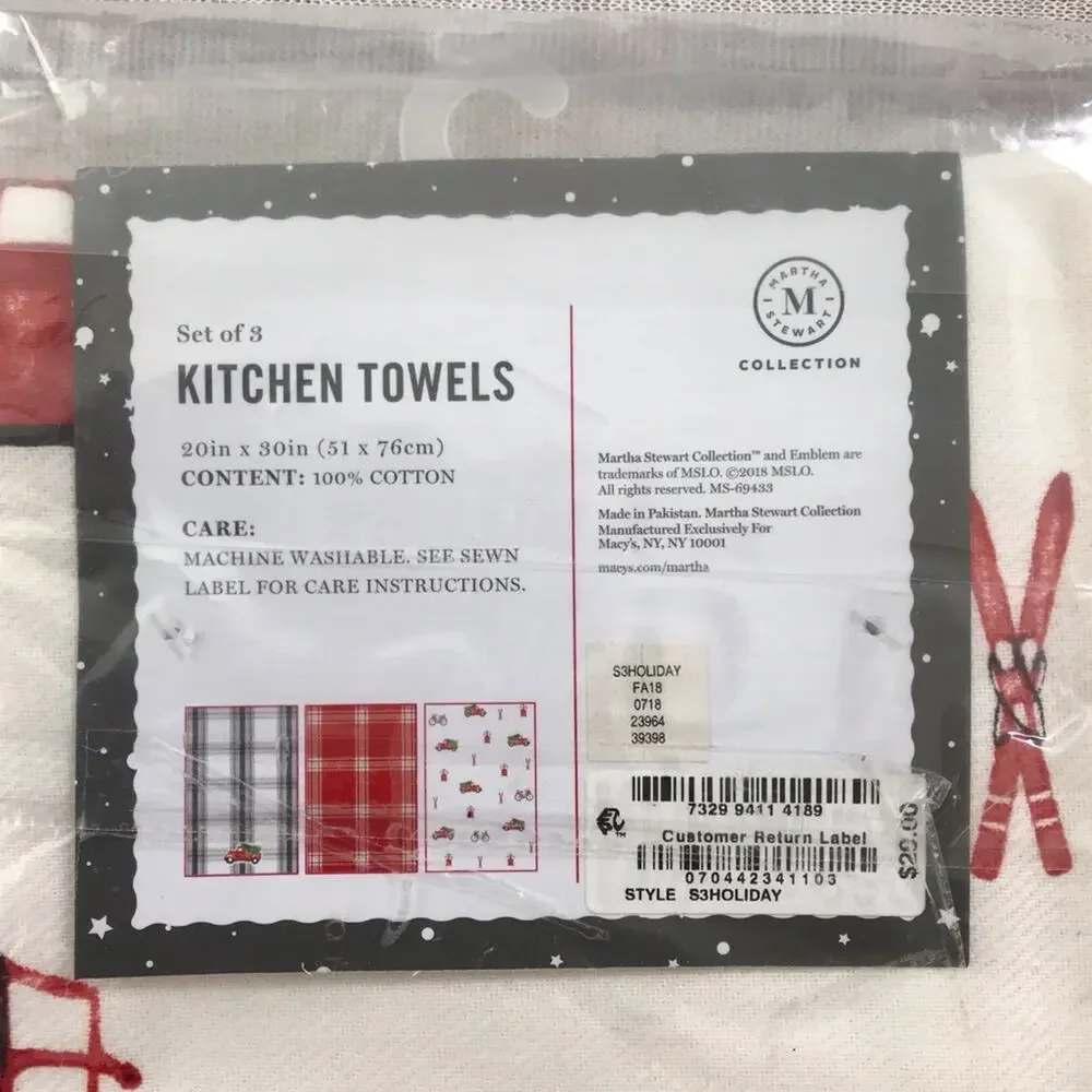 Martha Stewart NWT Christmas Kitchen 3 Towels Red Truck & Tree Design